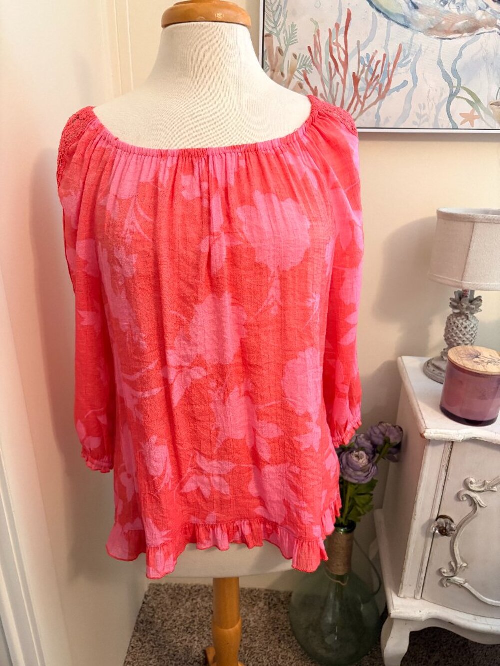 Peasant Pink top, pink w/ floral pattern. Size Large, crochet strip down sleeve
